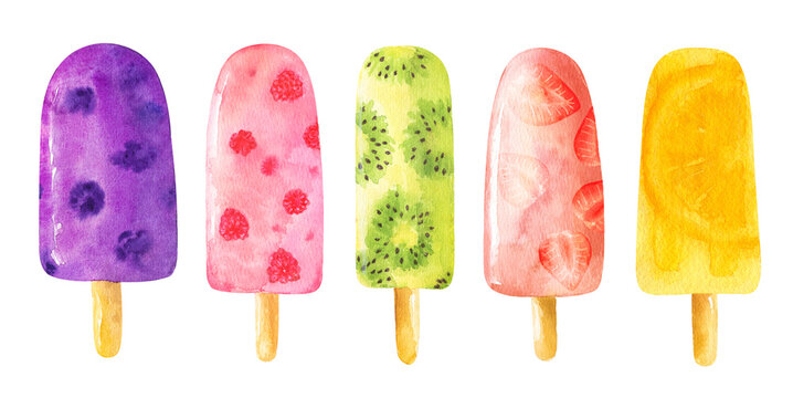 Set of watercolor fruit popsicles isolated on white background.