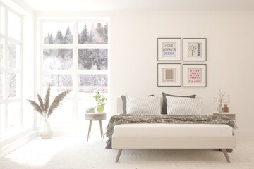 Stylish bedroom in white color with winter landscape in window. Scandinavian interior design. 3D illustration