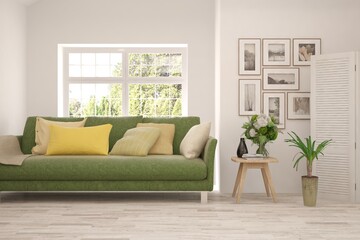 White living room with sofa. Scandinavian interior design. 3D illustration
