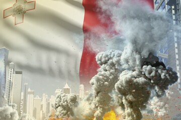 huge smoke pillar with fire in abstract city - concept of industrial disaster or act of terror on Malta flag background, industrial 3D illustration