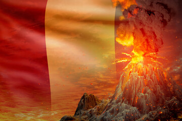 stratovolcano blast eruption at night with explosion on Guinea flag background, suffer from natural disaster and volcanic earthquake conceptual 3D illustration of nature