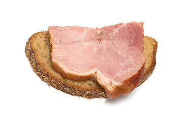 slice of bread with ham on a white background