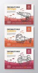 Fine Quality Organic Seafood. Abstract Vector Food Packaging Labels Set. Modern Typography and Hand Drawn Shrimp, Crab and Lobster Silhouettes. Sea Bottom Landscape Background Layout with Banner