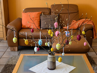 Easter tree decorated with colorful Easter eggs