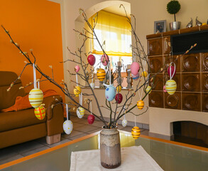 Easter tree decorated with colorful Easter eggs