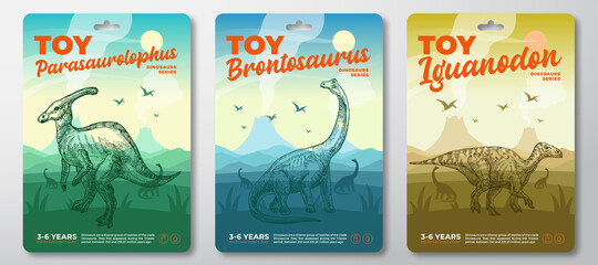 Toy Dinosaur Labels Template Set. Abstract Vector Packaging Design Layouts Collection. Modern Typography with Prehistoric Volcano Landscape and Hand Drawn Dinosaurus Sketch Background. Isolated © createvil