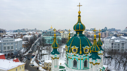 St. Andrews Church and Andriyivskyy Descent, in winter, Kyiv, Ukraine