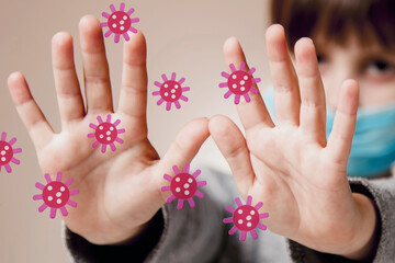 Stop the virus . Young girl in medical protective mask showing Stop gesture to virus. Health protection and prevention during flu and infectious outbreak