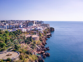 Aerial photograph of Antalya bay in Antalya city from high point of drone fly on sunny day in in...