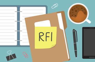 RFI (Request For Information) written on yellow sticky note on file folder - vector illustration