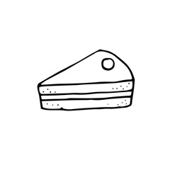 A piece of delicious pie with berries. Vector. Doodle. Hand drawn illustration.  Black and white outline. Silhouette. Coloring.