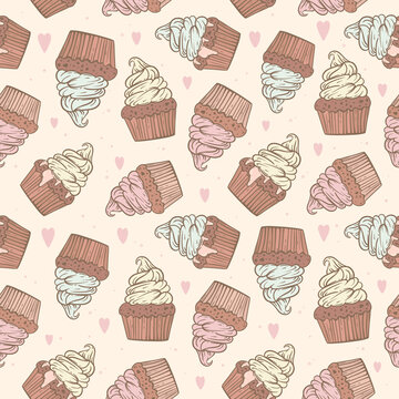 Сupcake of different colors. Whipped cream, ganache and chocolate. Background with dots and hearts. Hand-drawn outline illustration. Vector seamless pattern with pastries. Print design for pastry shop