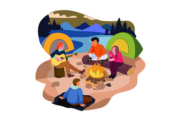 Naklejka premium A group of people hanging by the fire