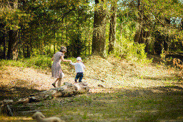 people walking in the woods, selective focus