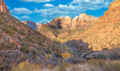 Beautiful landscapes, views of incredibly picturesque rocks and mountains in Zion National Park, Utah, USA