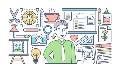 
A banner of social media designed with flat linear illustration

