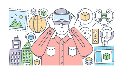 
A banner of social media designed with flat linear illustration

