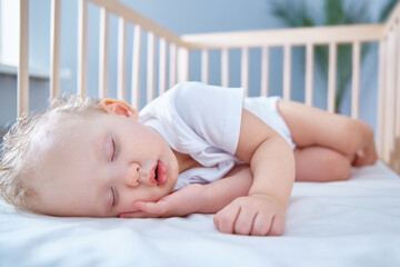 Baby sleeps in baby wooden crib for newborns. A spacious, bright room with a date palm tree in the background. Copy space