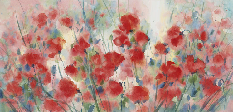 Red poppy field with a grass watercolor background