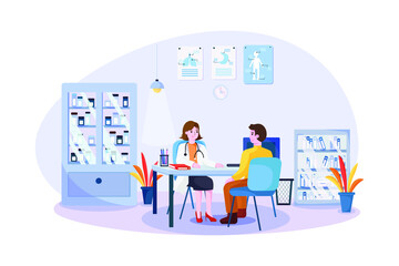 Doctor and patient at desk in hospital office. clinic visit for exam, meeting with physician, conversation with medic about diagnosis results.