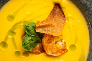 Cream pumpkin soup with grilled shrimp. Soup in a blue plate on a black background.