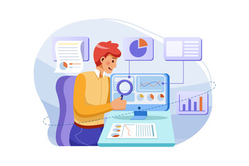 Office workers analyzing and researching business data