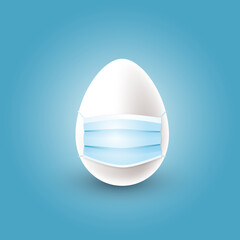 White realistic egg wearing medical mask on blue background. Vector illustration for quarantine Easter celebration