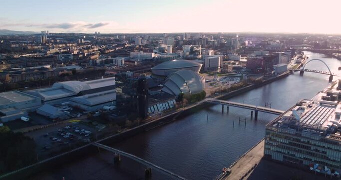 Glasgow drone aerial sunrise view over the river Clyde