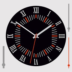 Round black dial with Roman numerals and hands. Vector illustration
