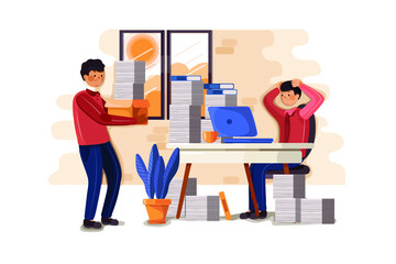 Hard work man illustration. Young clerk weary or exhaust with paper documents, office worker with a load of files, employee in mess and distress.