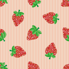 Ripe strawberry seamless vector pattern background. Hand drawn bubble textured red berries on striped pastel pink backdrop. Organic garden fruit repeat for healthy food or summer home grown concept