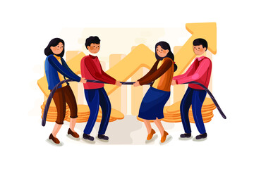 Tug of war illustration. Teams pulling on opposite ends of a rope against each other, struggle for corporate supremacy or market control.