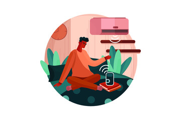 Man sitting on the bed using the Air conditioner and clock-controlled by speaker voice