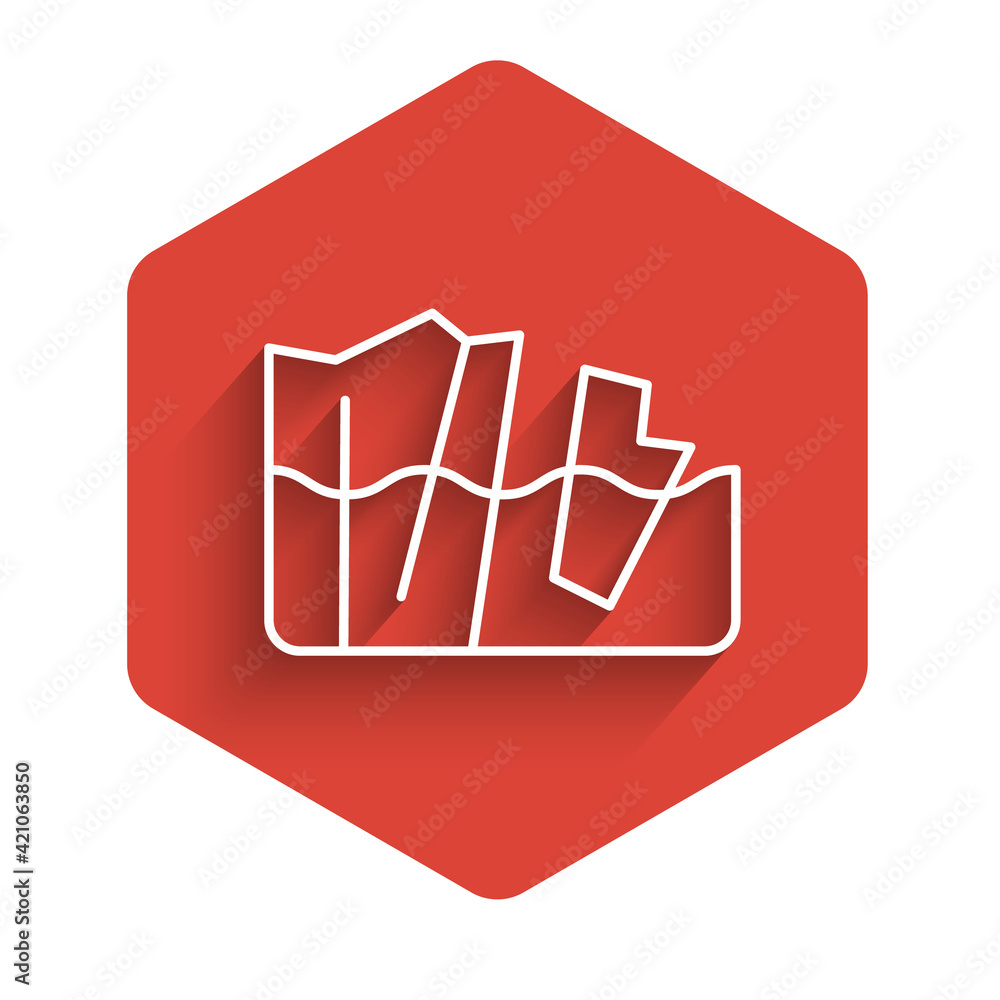 Poster white line glacier melting icon isolated with long shadow. red hexagon button. vector