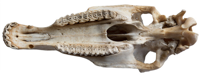 Upper jaw of a horse seen from below, with both rows of teeth, palate, zygomatic bone (or cheekbone), occipital, temporal and ethmoid bone © Henk Vrieselaar