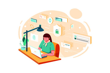 Female employee working on data security Illustration