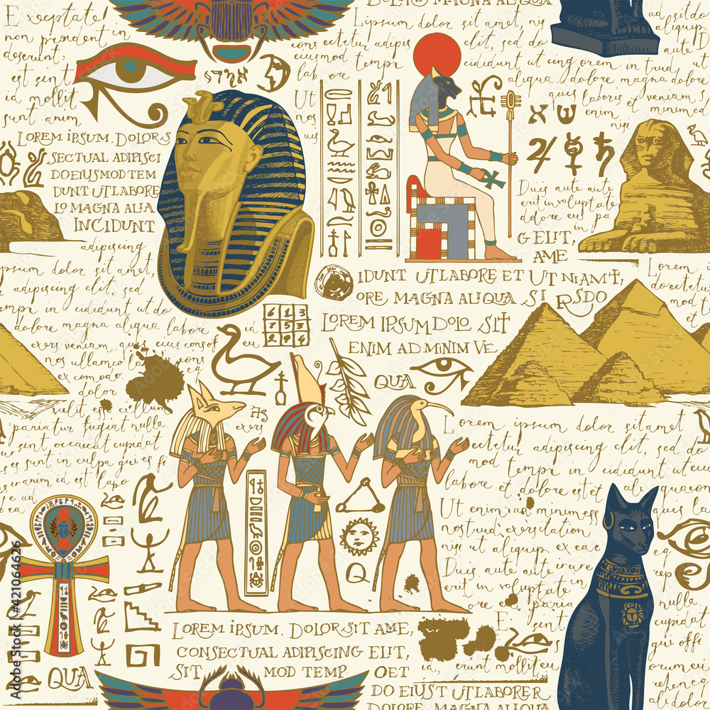 Poster seamless pattern on an ancient egypt theme with color images of egyptian gods and handwritten text l