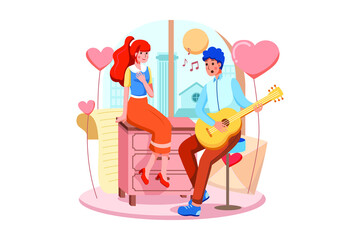 The boy playing guitar and singing a love song to his beautiful girlfriend on valentine day
