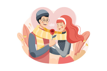 The man giving rose and telling love to his girlfriend on valentine day illustration