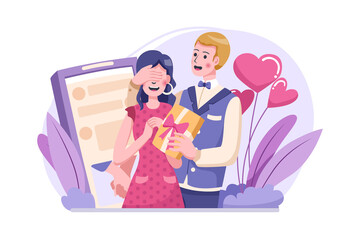 Portrait of a young couple giving surprise gift on their love anniversary illustration