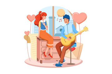The boy playing guitar and singing a love song to his beautiful girlfriend on valentine day