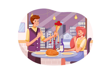 Man in suit gives a bouquet of roses to woman at their Romantic Dining in restaurant