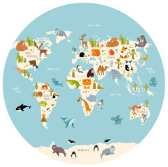 Map of the world with cartoon animals for kids. Eurasia, South America, North America, Australia and Africa. 