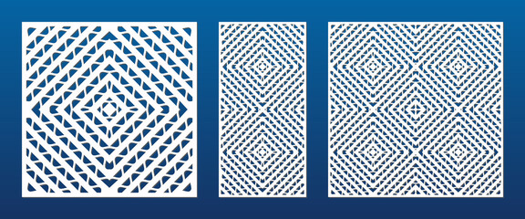Decorative panels for laser cutting. Cutout silhouette with abstract geometric pattern, wavy lines, concentric grid, lattice, mesh. Laser cut stencil for wood, metal, plastic. Aspect ratio 1:2, 1:1