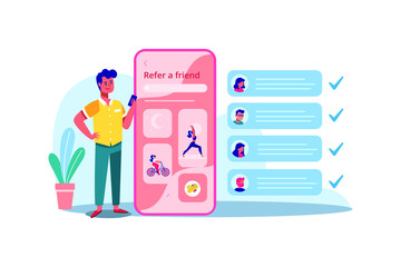 A guy holding a smartphone in his hand with his friends accounts. 