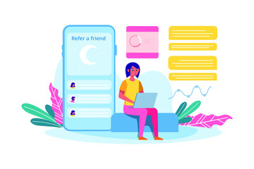 A sitting girl with referral marketing scheme or infographics. 