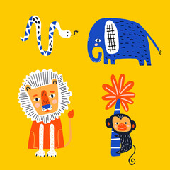 African animals set. Creative wild animals characters clipart. Snake, lion, monkey, elephant vector illustration.