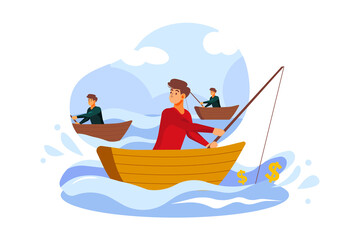 Businessman fishing dollar sitting in boat