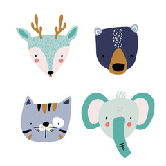 Set of cute cartoon animal faces. Deer cat, bear, elephant heads. Ready.print for nursery,apparel,cards. Vector Illustration