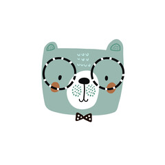 Cute bear face in glasses. Childish print for t-shirt, apparel, cards, poster, nursery decoration. Vector Illustration